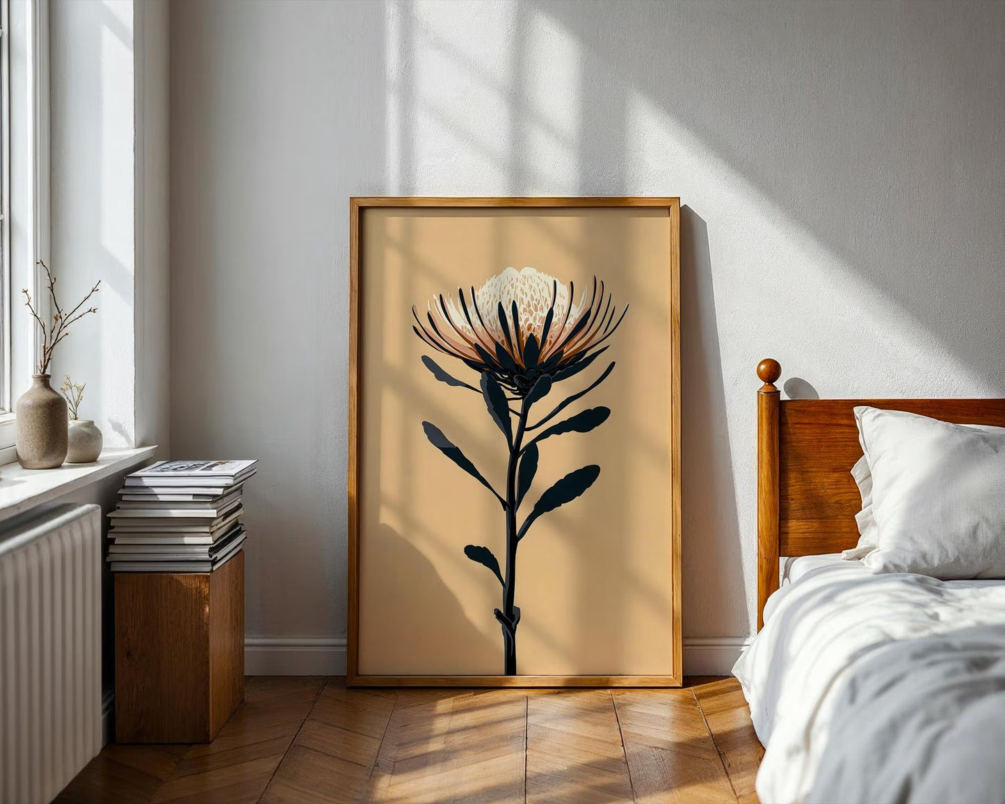 Protea Flower Illustration Print, Botanical Canvas Wall Art, Modern Floral Decor