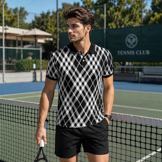 Black White Argyle Polo Shirt Geometric Plaid Short Sleeve Collared Shirt