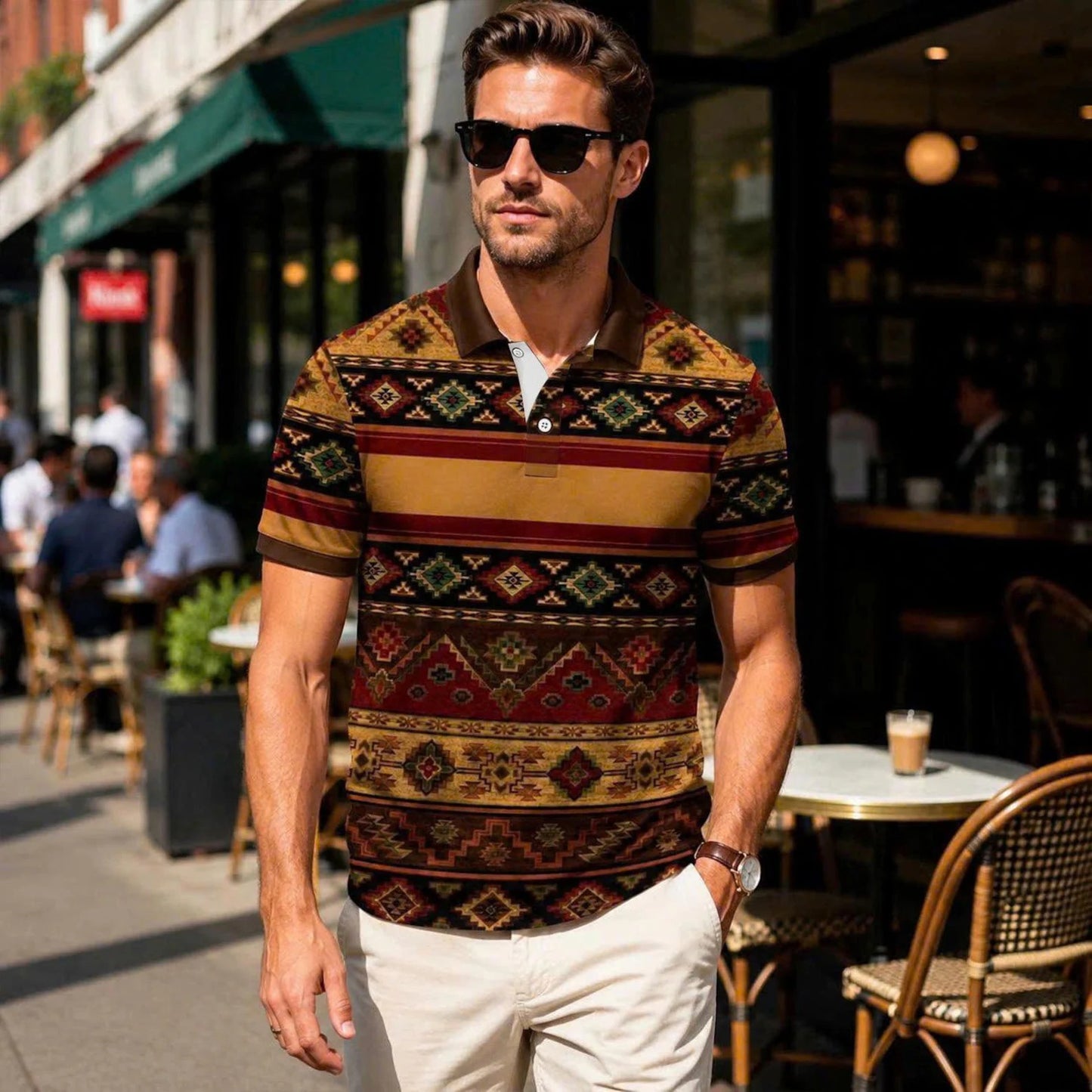 Tribal Aztec Polo Shirt Southwestern Geometric Pattern Short Sleeve Top