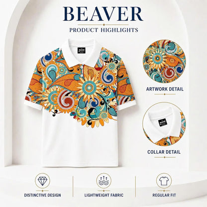 Men's Boho Floral Paisley Polo Shirt Short Sleeve Vintage Pattern Tee