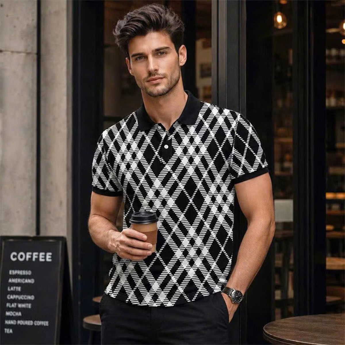 Black White Argyle Polo Shirt Geometric Plaid Short Sleeve Collared Shirt