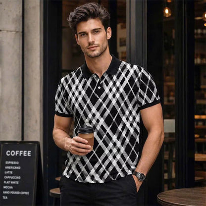 Black White Argyle Polo Shirt Geometric Plaid Short Sleeve Collared Shirt