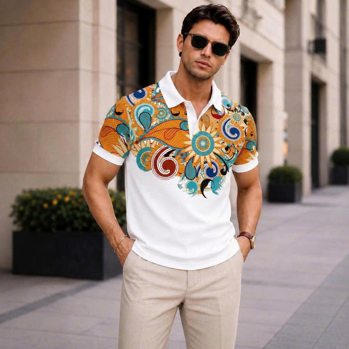 Men's Boho Floral Paisley Polo Shirt Short Sleeve Vintage Pattern Tee
