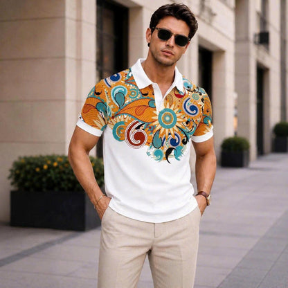 Men's Boho Floral Paisley Polo Shirt Short Sleeve Vintage Pattern Tee
