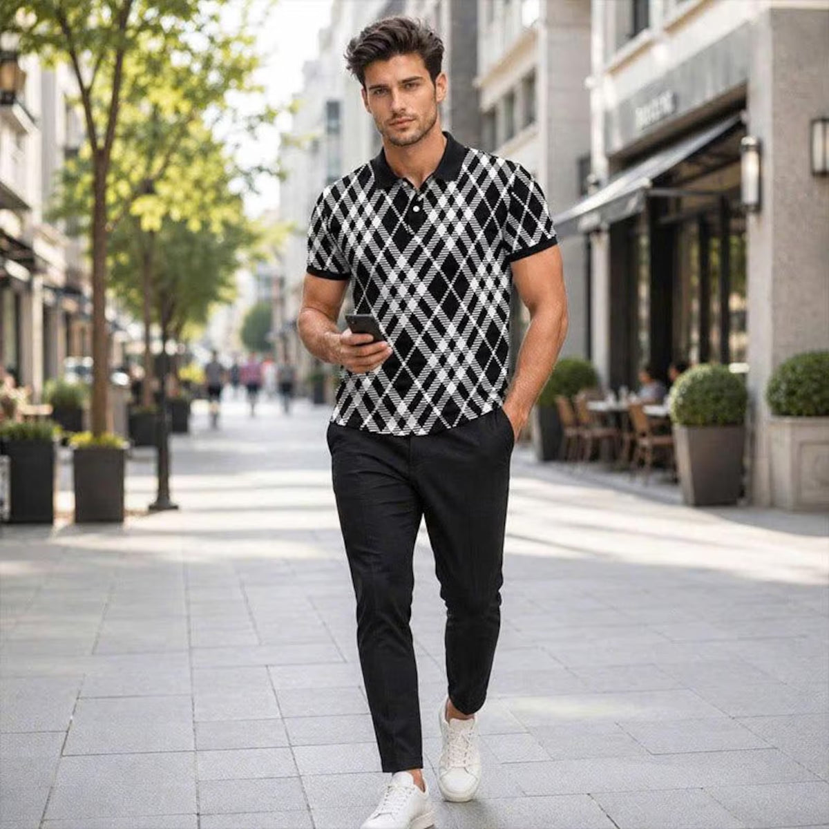 Black White Argyle Polo Shirt Geometric Plaid Short Sleeve Collared Shirt