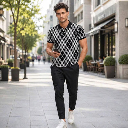 Black White Argyle Polo Shirt Geometric Plaid Short Sleeve Collared Shirt