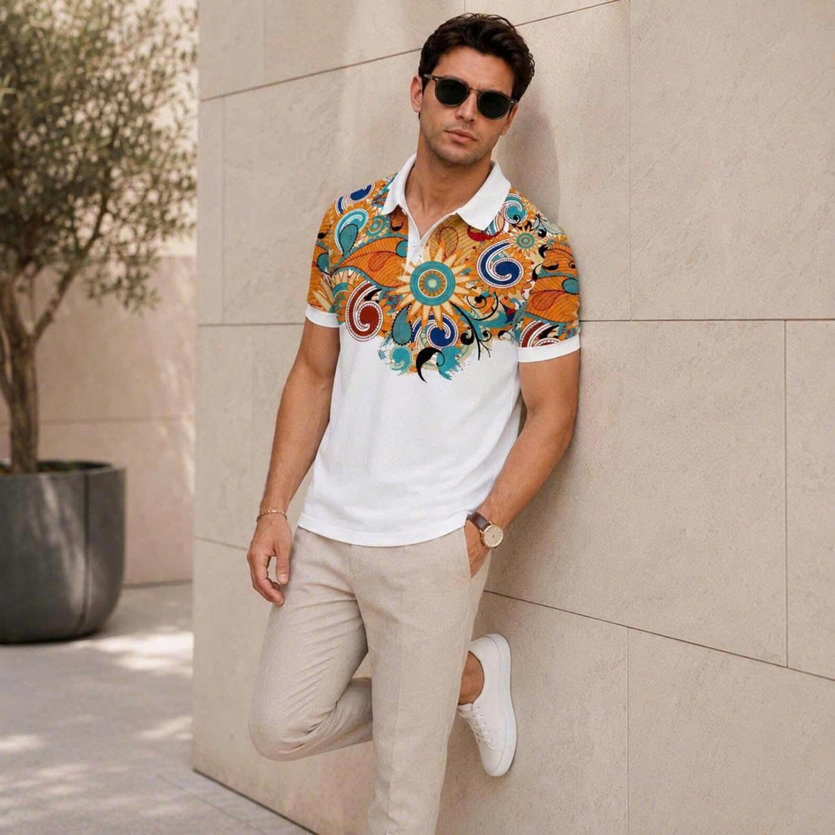 Men's Boho Floral Paisley Polo Shirt Short Sleeve Vintage Pattern Tee