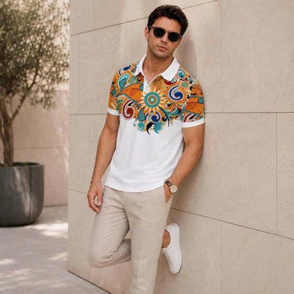 Men's Boho Floral Paisley Polo Shirt Short Sleeve Vintage Pattern Tee