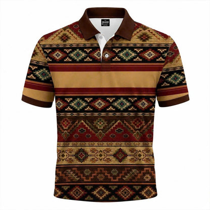 Tribal Aztec Polo Shirt Southwestern Geometric Pattern Short Sleeve Top