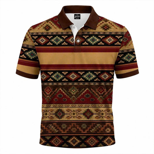 Tribal Aztec Polo Shirt Southwestern Geometric Pattern Short Sleeve Top