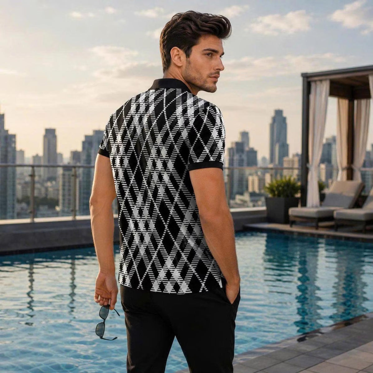 Black White Argyle Polo Shirt Geometric Plaid Short Sleeve Collared Shirt