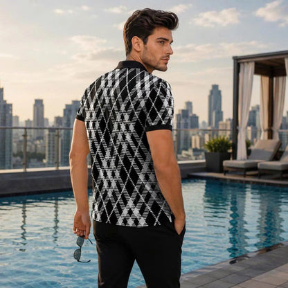 Black White Argyle Polo Shirt Geometric Plaid Short Sleeve Collared Shirt