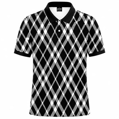Black White Argyle Polo Shirt Geometric Plaid Short Sleeve Collared Shirt