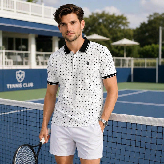Polka Dot Polo Shirt Classic Black White Short Sleeve Collared Shirt